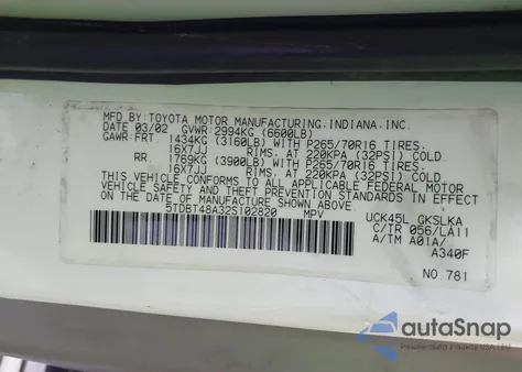 2002 Toyota Sequoia Limited V8 z USA, uszkodzony, nr VIN 5TDBT48A32S102820